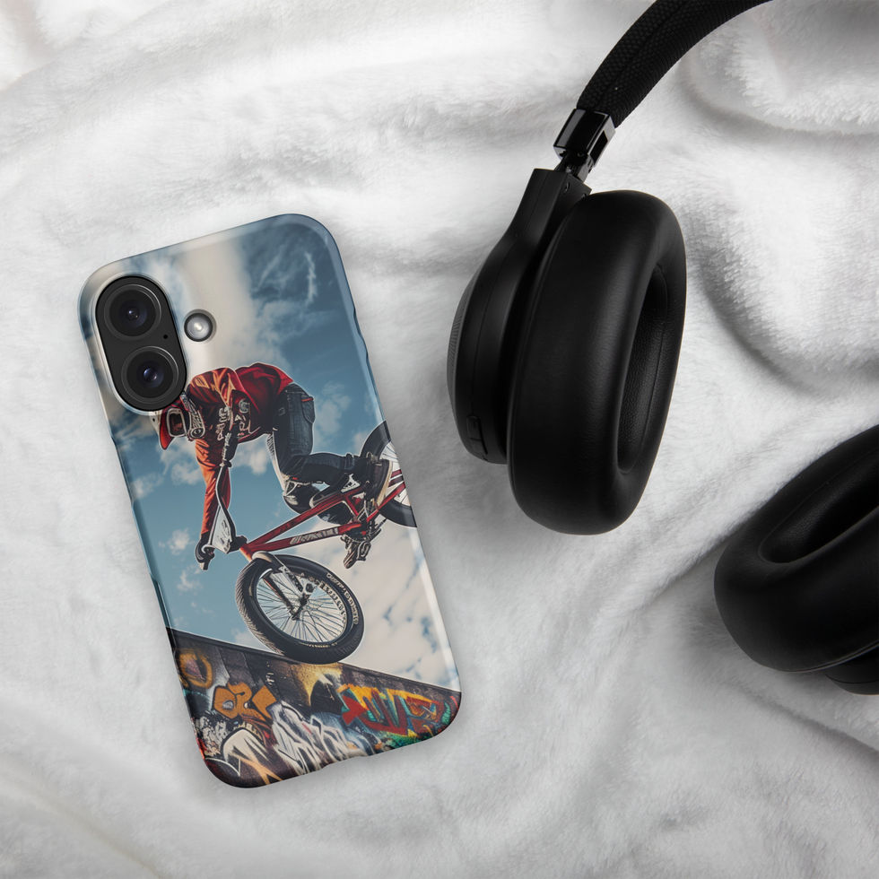 Graffiti Air Snap case for iPhone 16, BMX rider above graffiti ramp, beside headphones on fabric