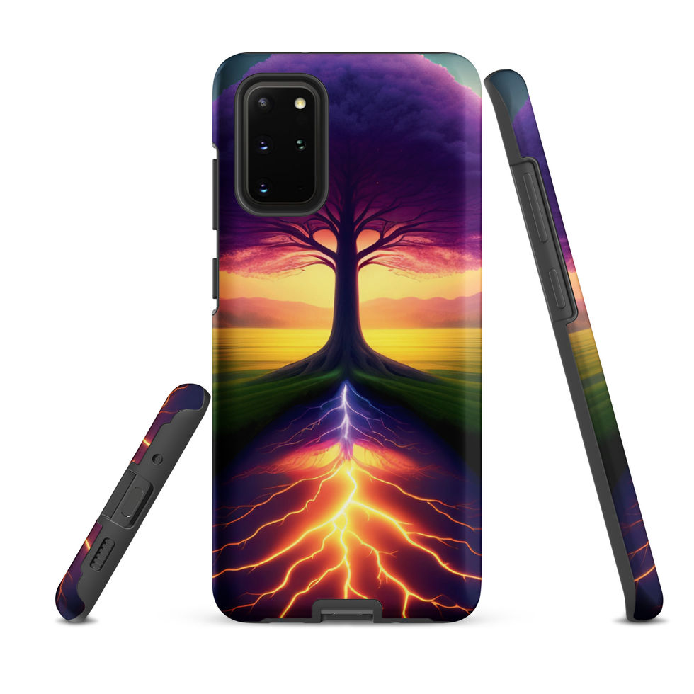 Ethereal Roots tough Samsung case with orange lightning-like roots below the trunk.