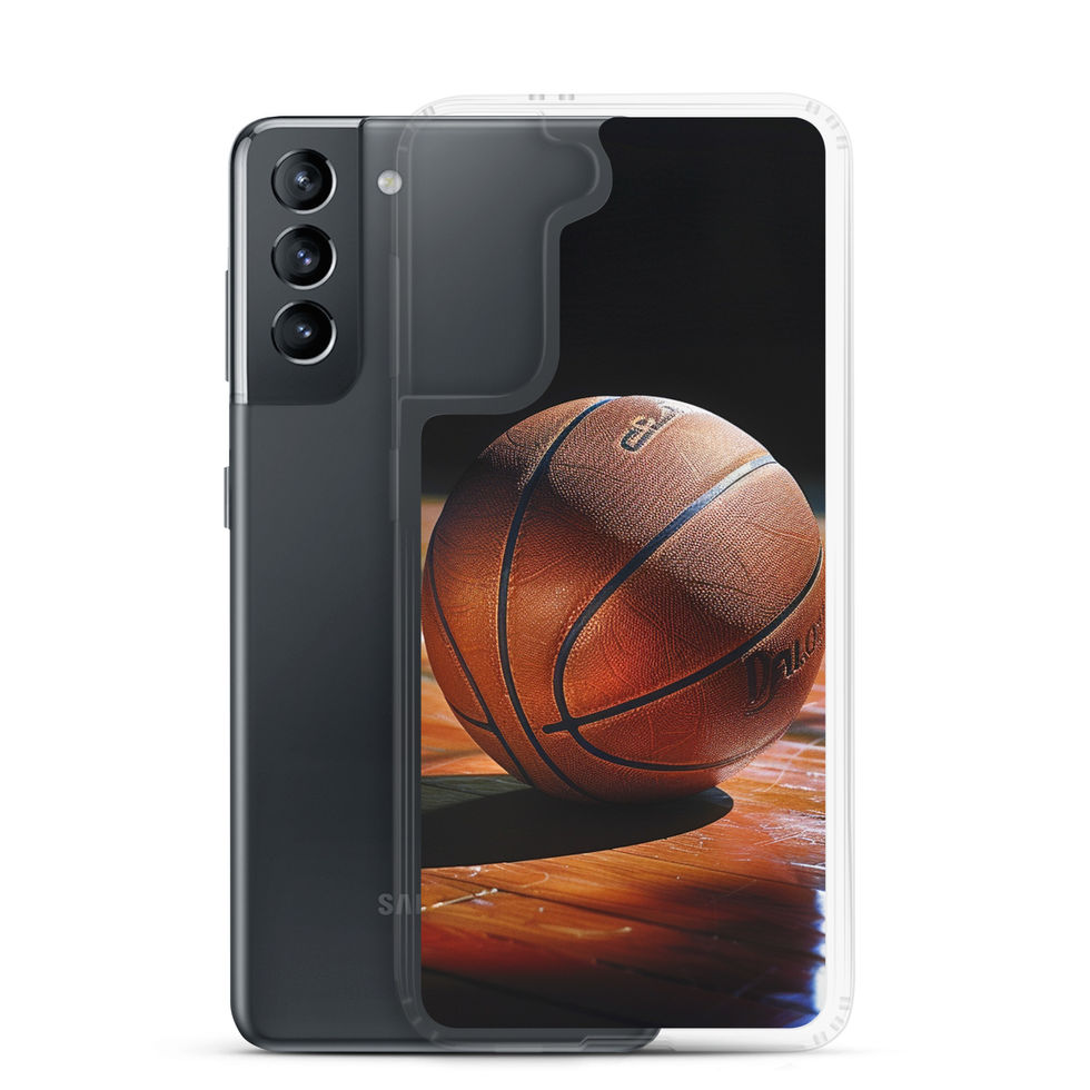 Hardwood Hustle Clear case for Galaxy S21, basketball on timber artwork, phone and case on white