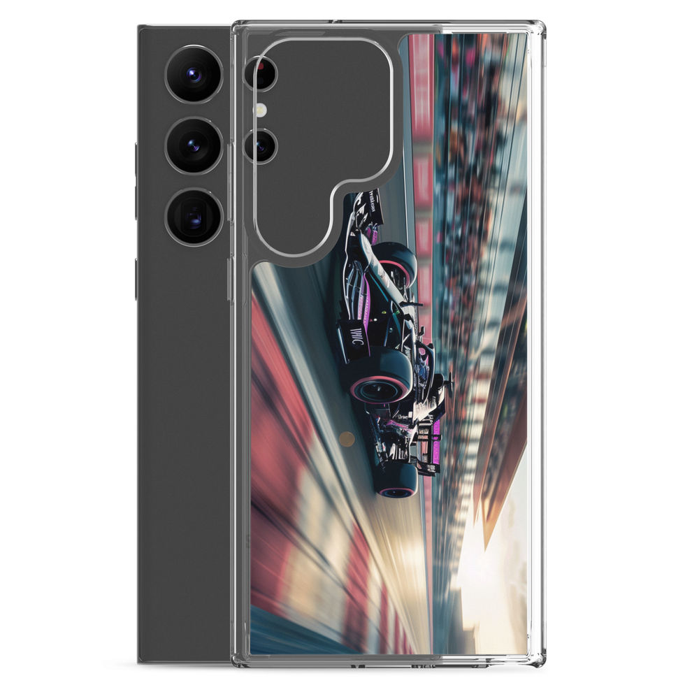 Black n Purple Power Clear case for Galaxy S23 Ultra, black and purple race car artwork, phone and case on white