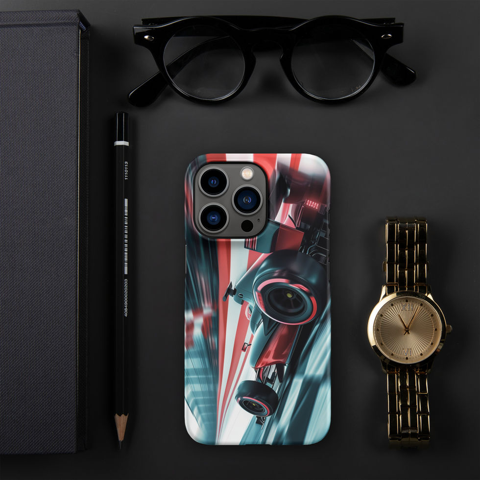 Podium Pursuit Snap case for iPhone 13 Pro, red race car and track streaks, black desk with glasses and watch