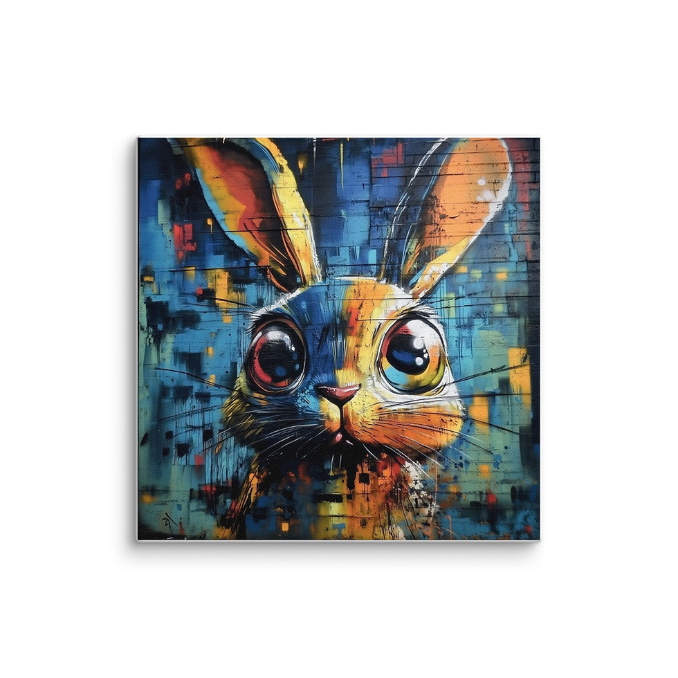 Urban Rabbit canvas print on white: a rabbit’s face painted in blue, orange and yellow
