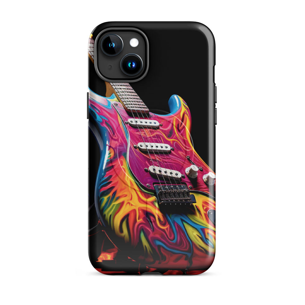 Flaming Riffs MagSafe Tough Case for iPhone on a vinyl record display, featuring the flame-wrapped guitar artwork, image 7.