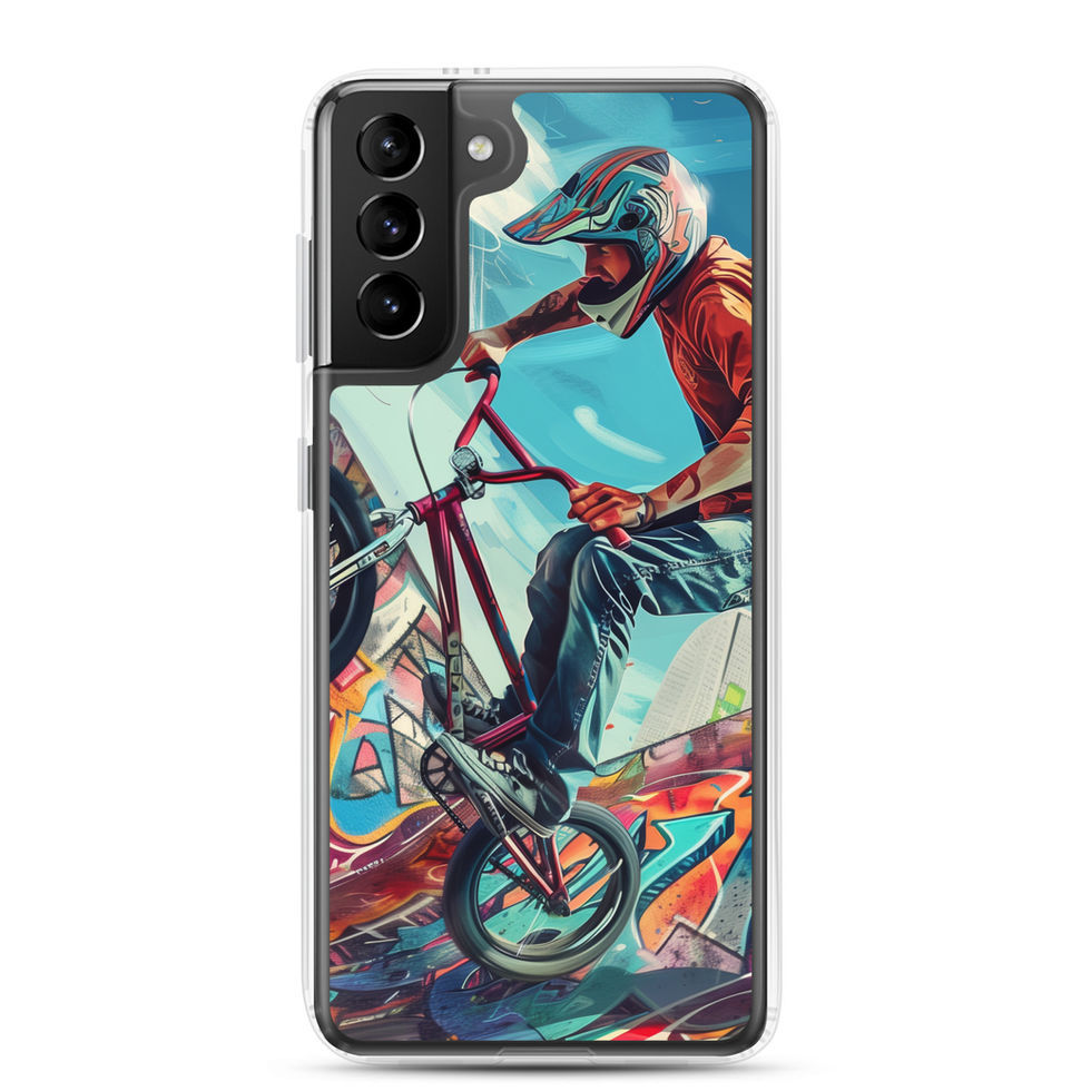Urban Freestyle Clear case for Galaxy S21 Plus, BMX rider and colourful graffiti, rear view on white background