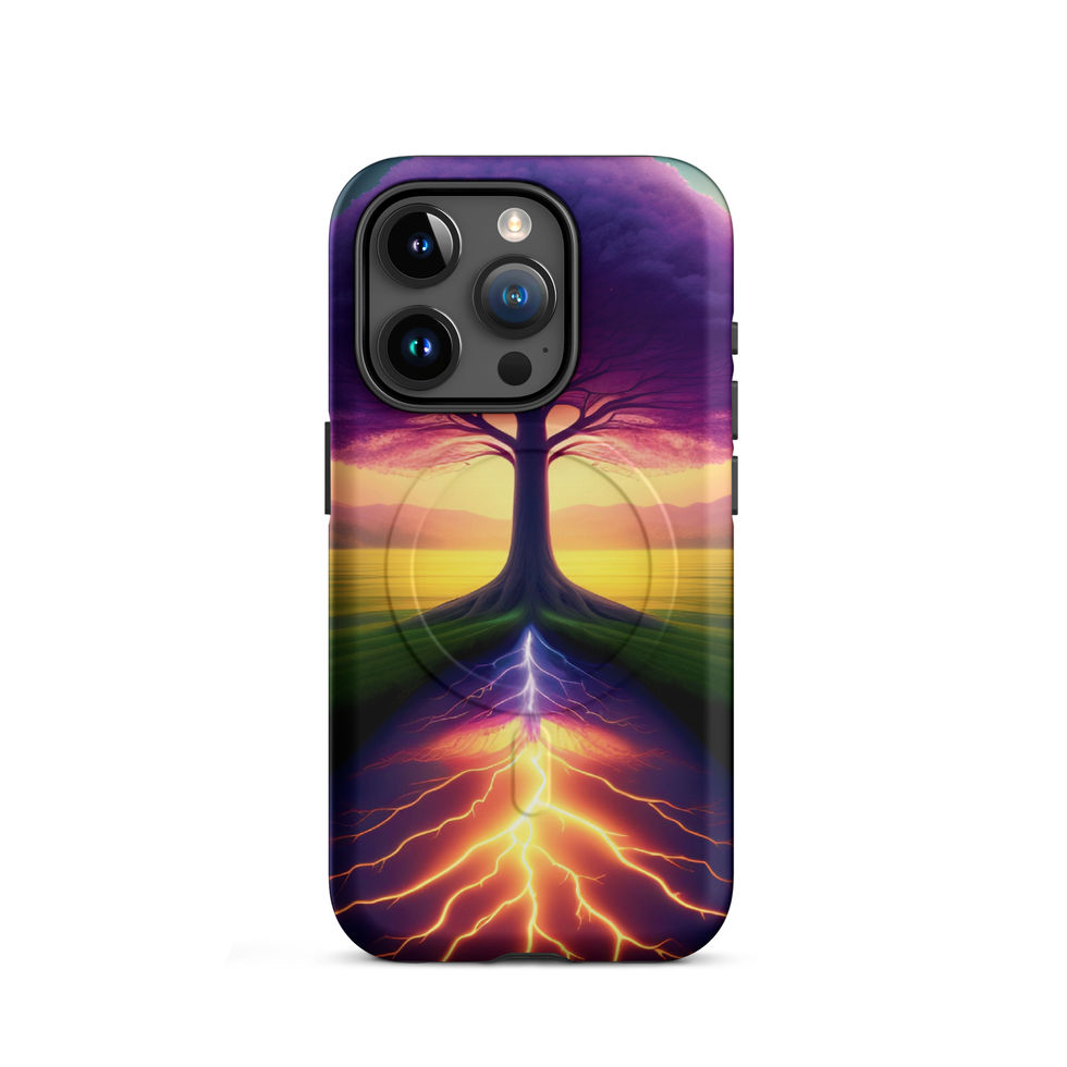 Ethereal Roots MagSafe iPhone case with magenta sky behind a slender tree trunk.