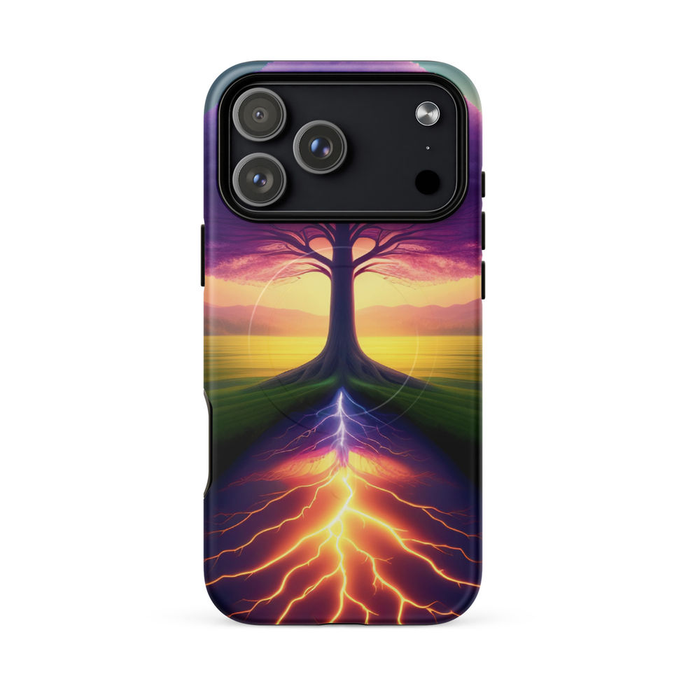 Ethereal Roots MagSafe iPhone case with violet crown and bright lower glow.