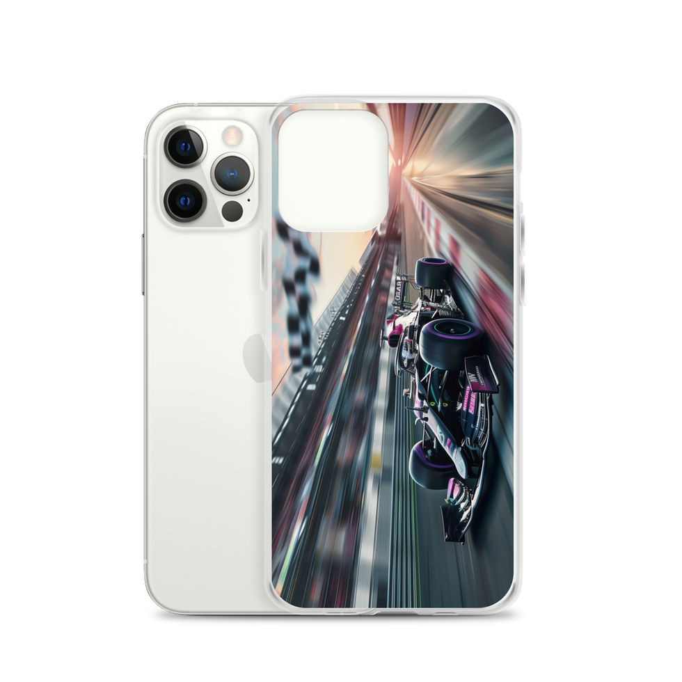 Midnight Velocity Clear case for iPhone 12 Pro, race car and night lights, rear view on white
