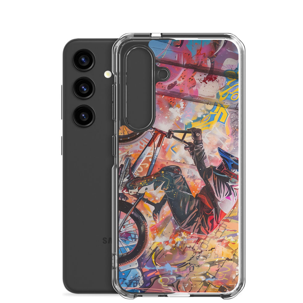 Graffiti Grind Clear case for Galaxy S24, BMX rider amid pink and yellow graffiti, rear view on white