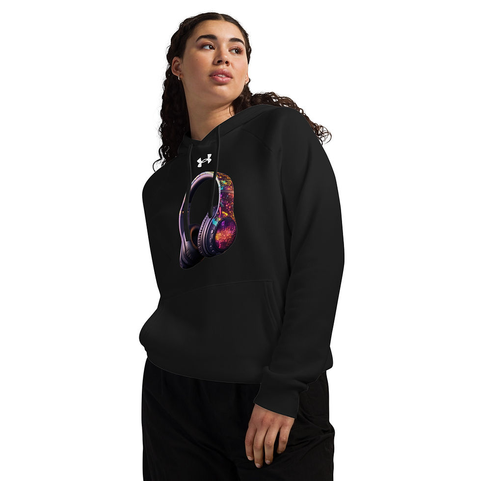 Cosmic Spark: black Under Armour hoodie with galaxy-patterned headphones, model turned