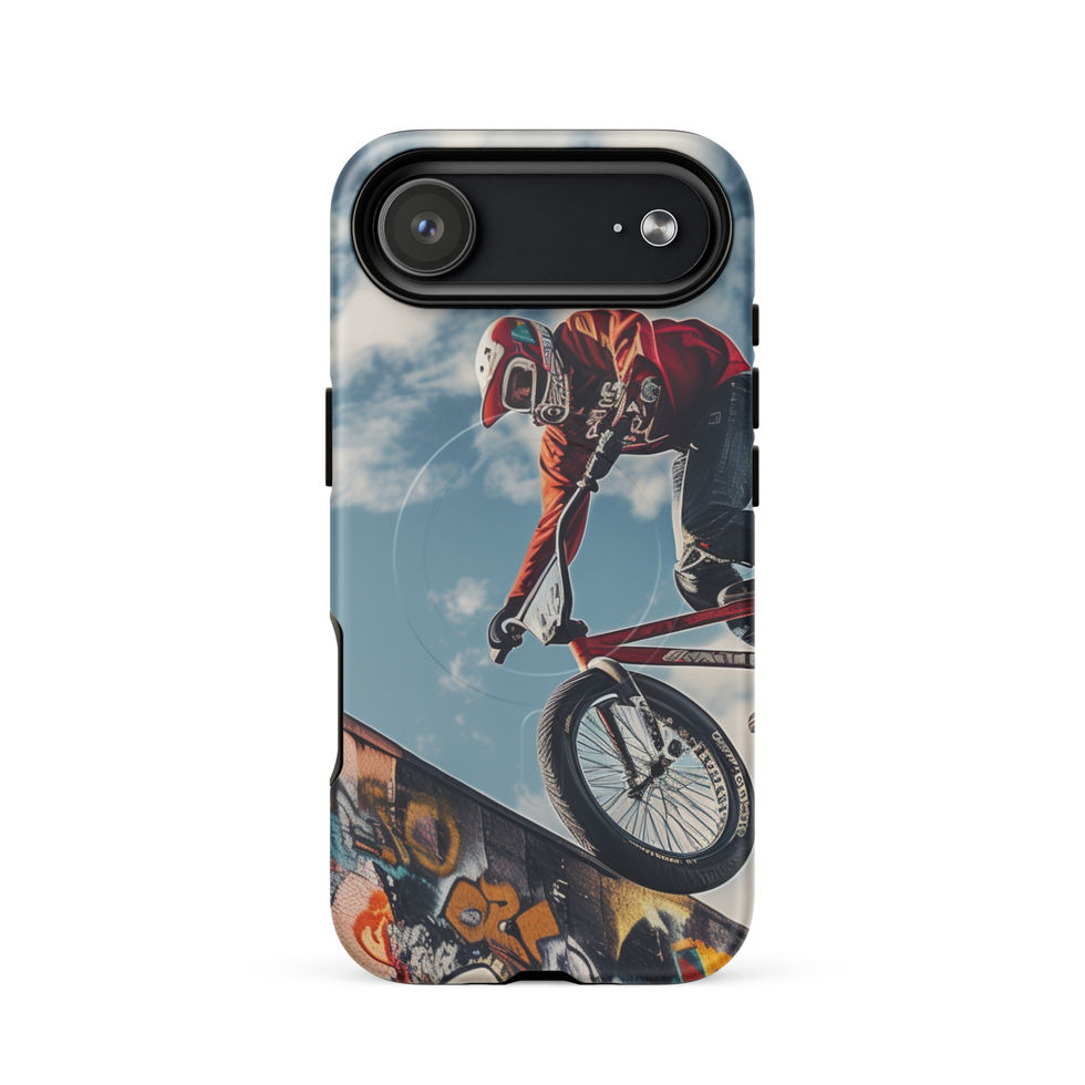 Graffiti Air MagSafe Tough case for iPhone 17 Air, BMX rider above graffiti ramp, rear view on white