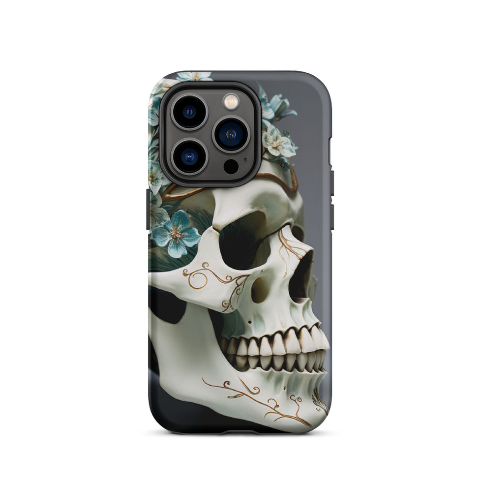 iPhone tough case displaying teal blossoms featuring cream bone tones against a charcoal background