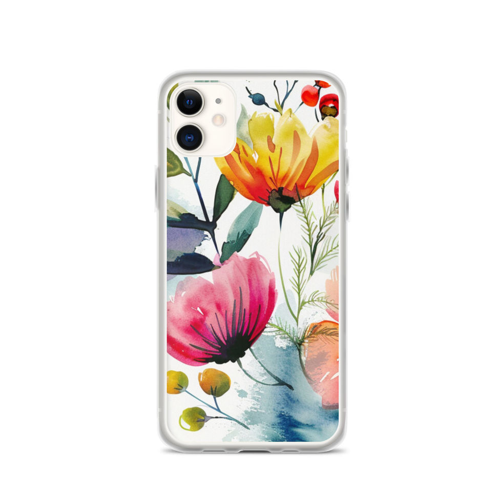 Crimson Meadow clear case for iPhone 12 Pro, rear floral artwork view with crimson, coral and blush flowers