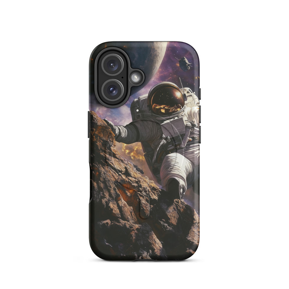 Protective iPhone case displaying an astronaut beneath a deep purple nebula and small stars