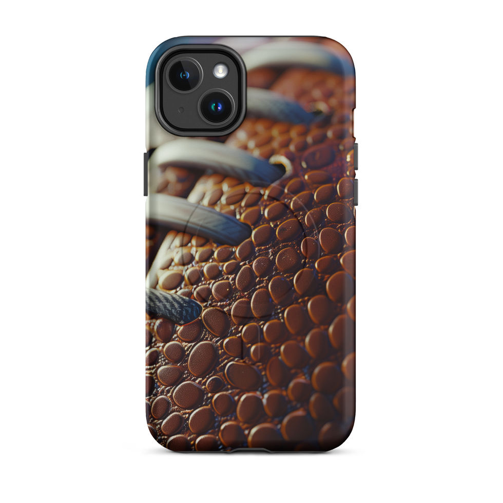 Gridiron Grip MagSafe Tough case for iPhone 14 Plus, rear view of brown football pebble artwork and pale laces.