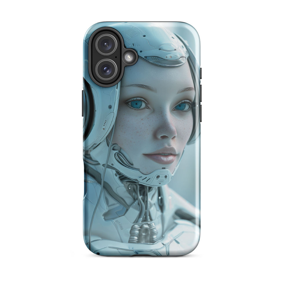 Pearlescent robot portrait with silver-blue facial panels; angled case mockup on an iPhone® Tough Case.