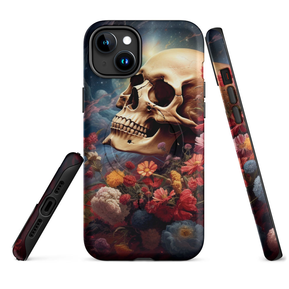 Galactic Remains MagSafe tough iPhone case showing orange flowers against blue-black tones