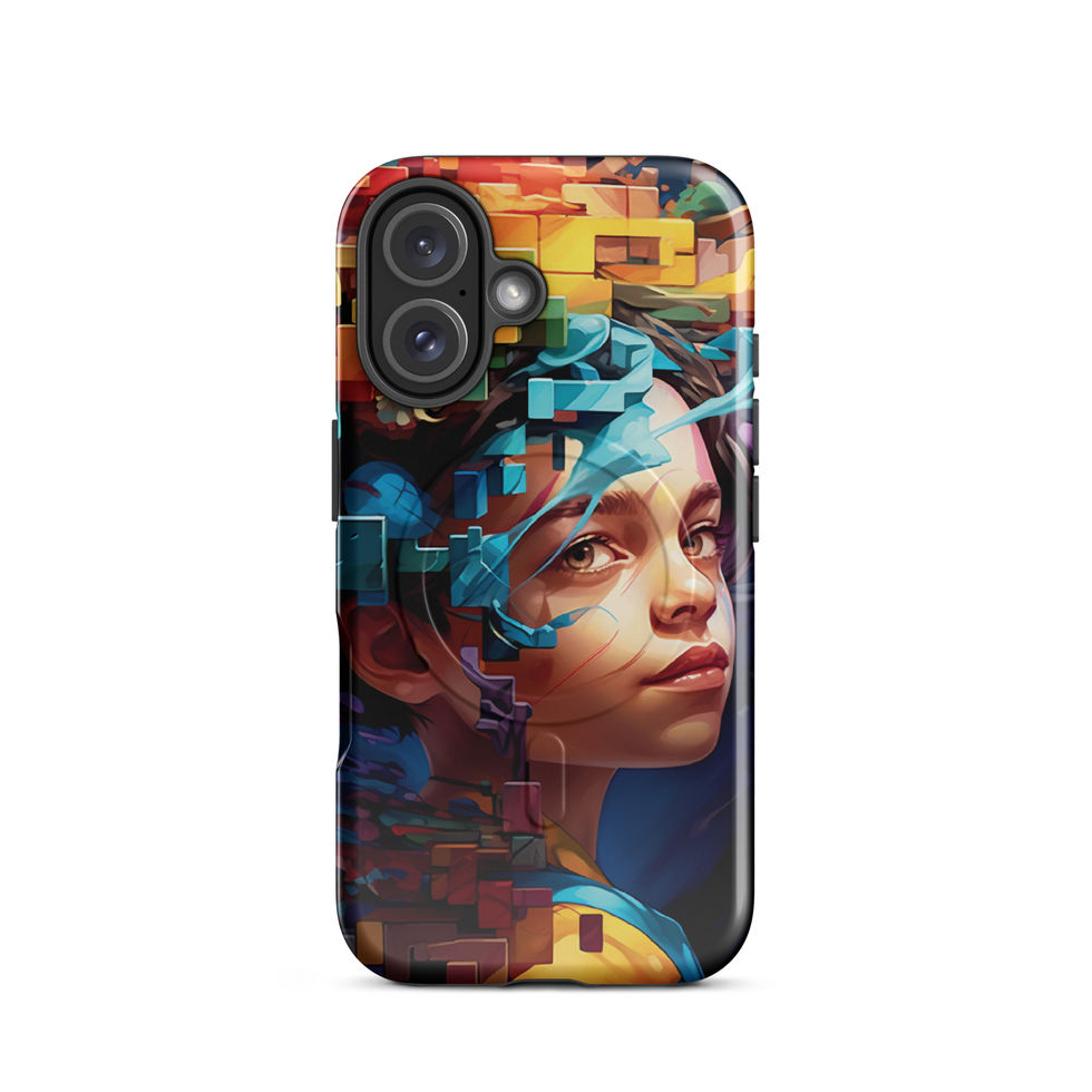 Neon Mindscape MagSafe tough iPhone case with vivid geometric portrait artwork, raised camera lip detail