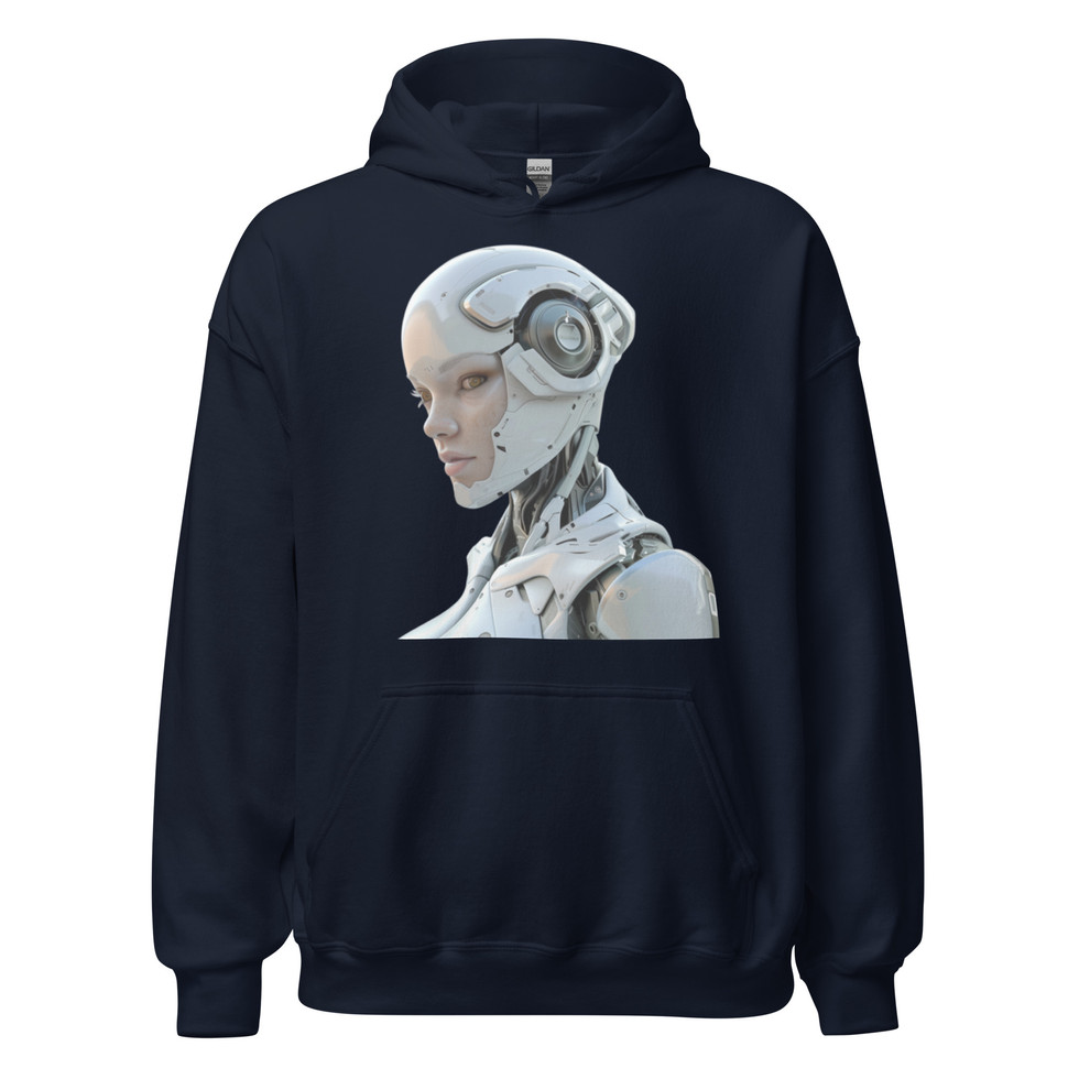Ethereal Circuitry: navy blue unisex hoodie with a silver robot profile with circular ear panels