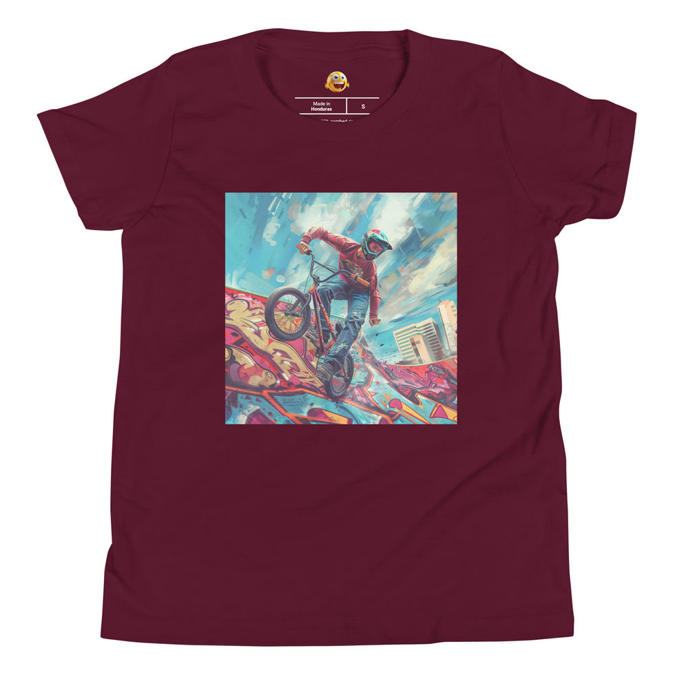 Graffiti Ramp BMX: maroon youth short-sleeve T-shirt with a BMX rider on a colourful graffiti ramp