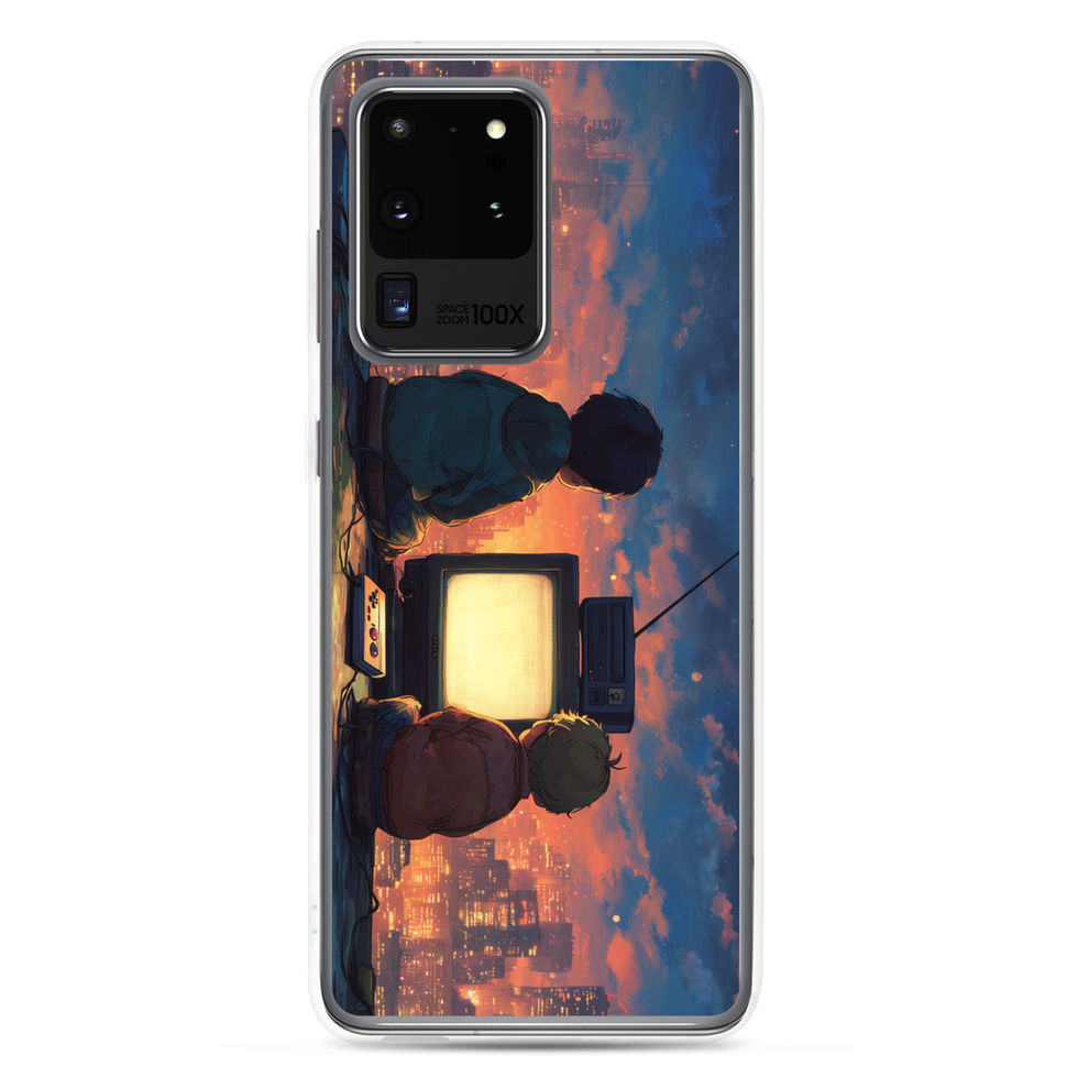 Skyline Save Point neon city gaming artwork on Samsung Galaxy S21 Plus clear phone case, side profile