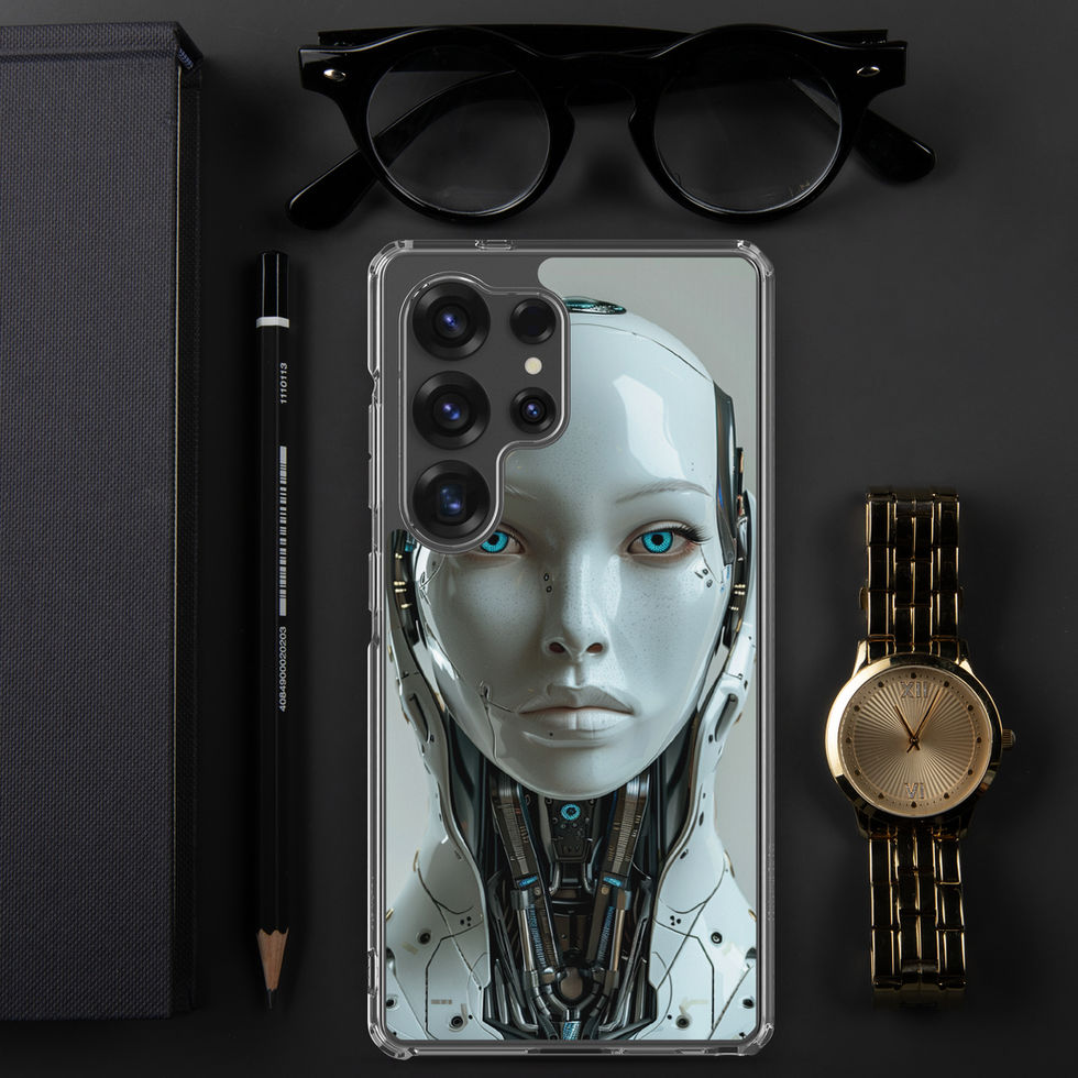 Female android portrait with graphite neck wiring; angled case mockup on a Samsung® Clear Case.