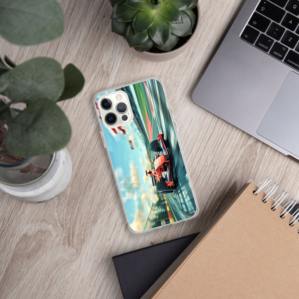 Pole Position Clear case for iPhone 12 Pro, red racing car on green track, light desk with laptop and plants