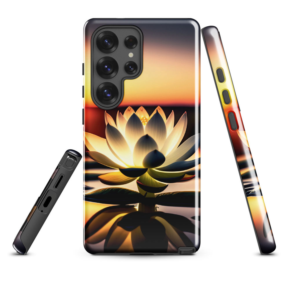 Sunlit Lotus Samsung tough case, back and side views; light petals mirrored in shadowed water.