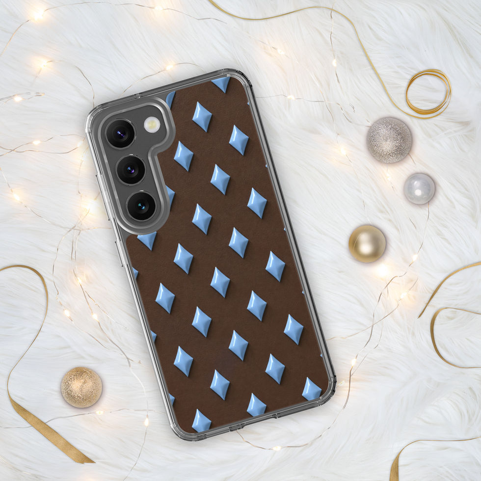 Cocoa Sky Diamonds clear case for Samsung Galaxy S23, sky blue diamond pattern on cocoa brown with transparent edges