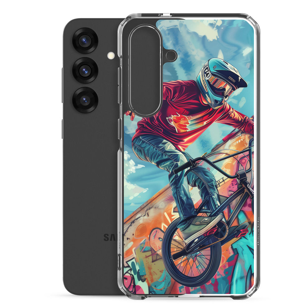 Graffiti Ride Clear case for Galaxy S25 Plus, red-top BMX rider and vivid graffiti, phone beside case on white