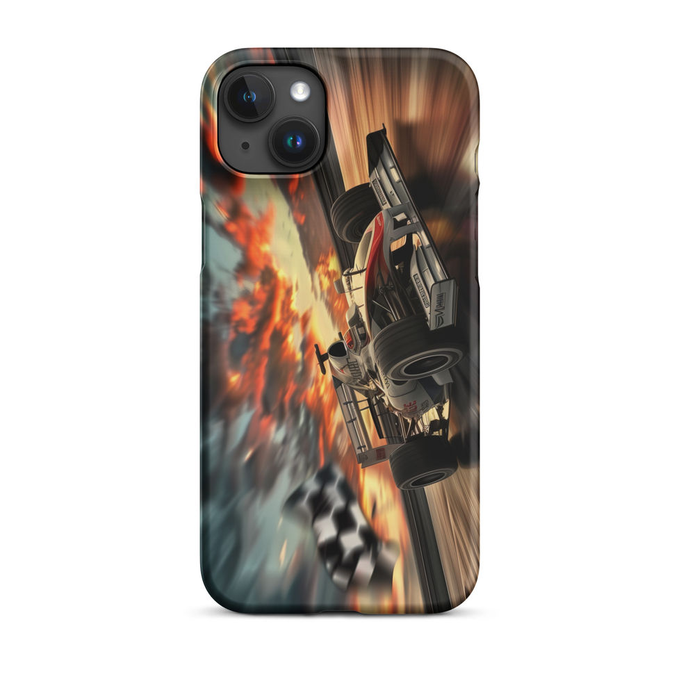 Final Lap Fury Snap case for iPhone 15 Plus, black race car and fiery flag, rear view on white