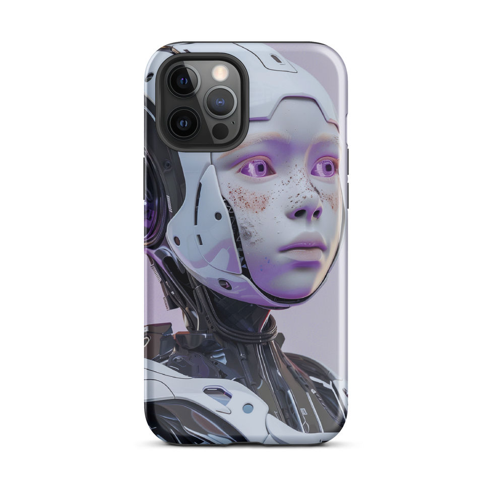 Purple neon AI character design on a dual-layer phone case