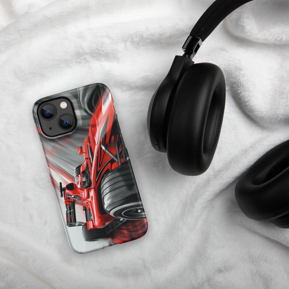 Victory Rush Snap case for iPhone 13 Mini, red race car and grey streaks, headphones on pale fabric