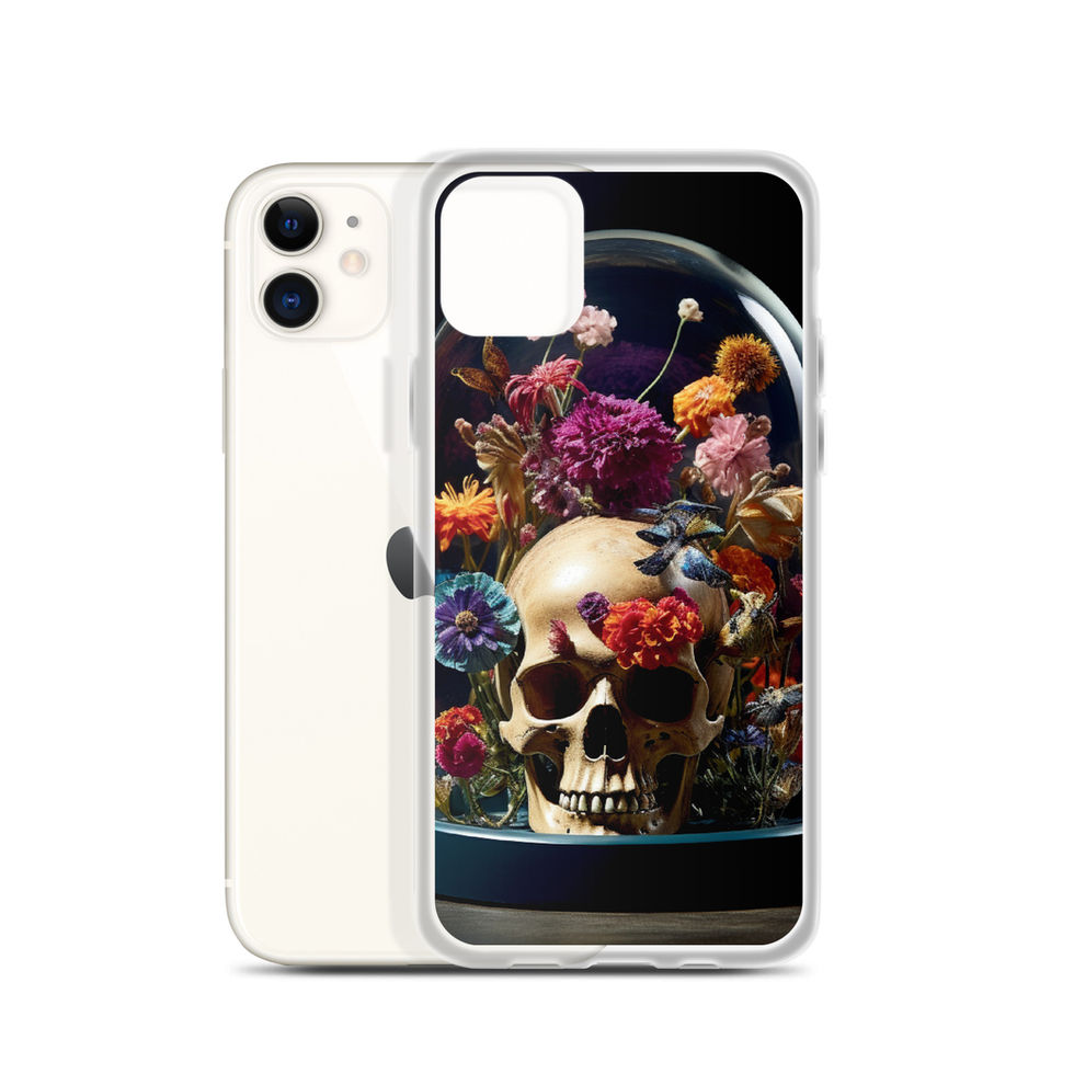 Bloom & Bones clear iPhone case with deep navy background behind bright petals