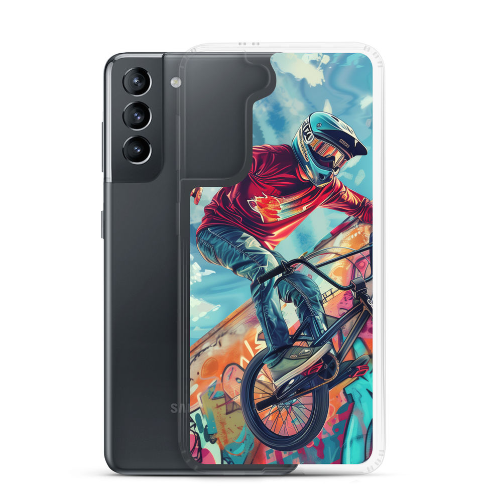 Graffiti Ride Clear case for Galaxy S21, red-top BMX rider and vivid graffiti, phone beside case on white