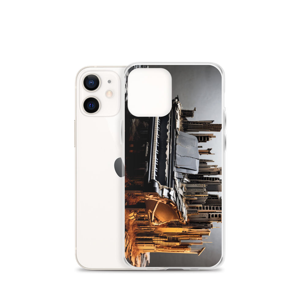 Urban Symphony clear iPhone case front view in a close product crop, showing the piano and city design, image 9.