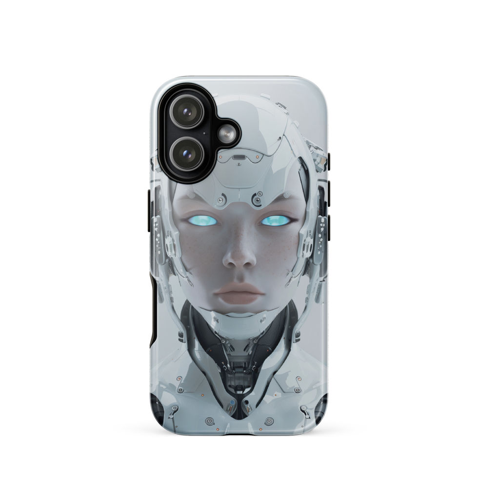Eon Vanguard silver android with luminous aqua eyes; front product view on an iPhone® Tough Case.
