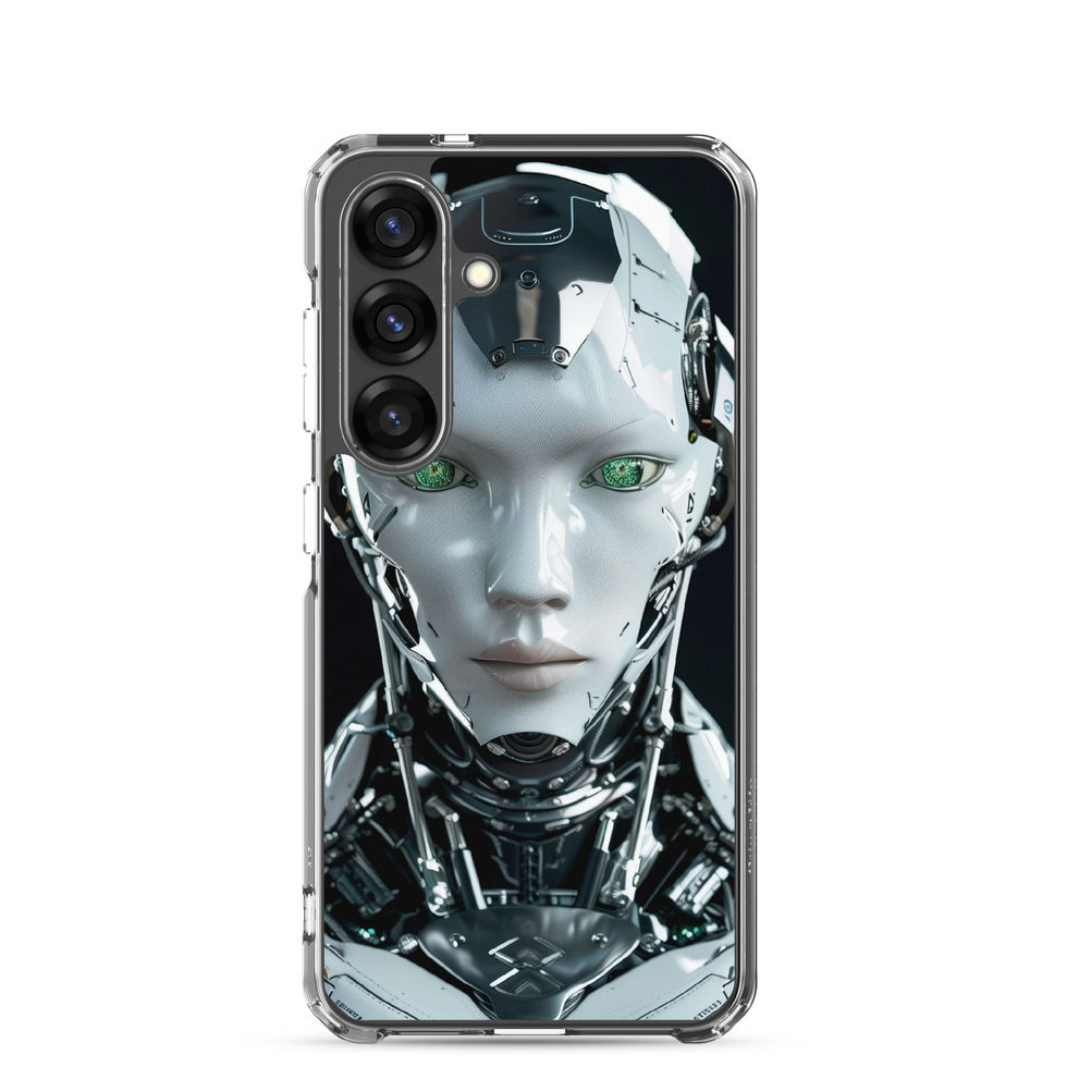Emerald Ascension silver android with luminous green eyes; angled case mockup on a Samsung® Clear Case.