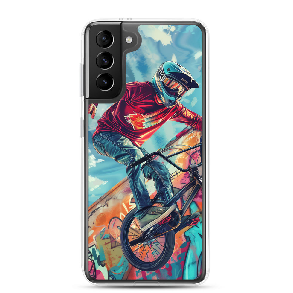 Graffiti Ride Clear case for Galaxy S21 Plus, red-top BMX rider and vivid graffiti, rear view on white