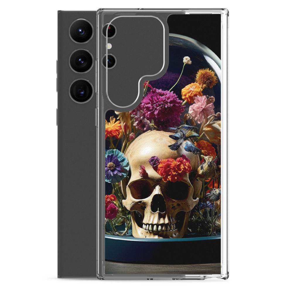 Product image of Bloom & Bones Samsung clear case showing ivory bone amid jewel-toned flowers