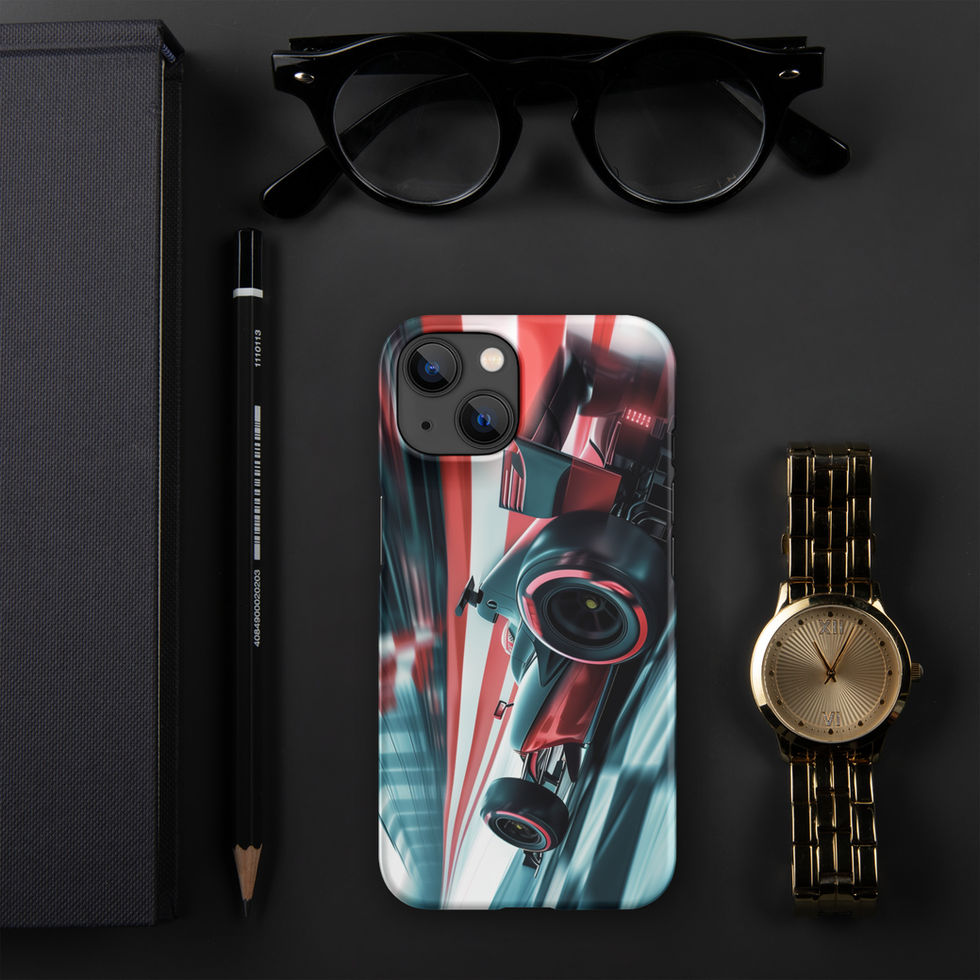 Podium Pursuit Snap case for iPhone 14, red race car and track streaks, black desk with glasses and watch