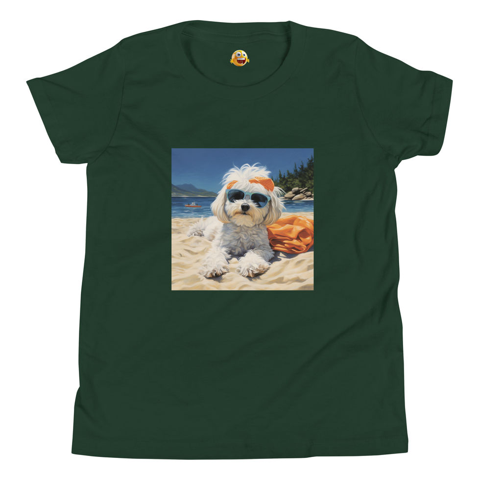 Sandy Sunshine: forest green youth short-sleeve T-shirt with a puppy wearing sunglasses on a beach