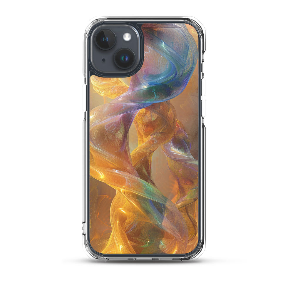 "Intertwining Entities" clear iPhone case showing overlapping fluid forms on the printed phone back