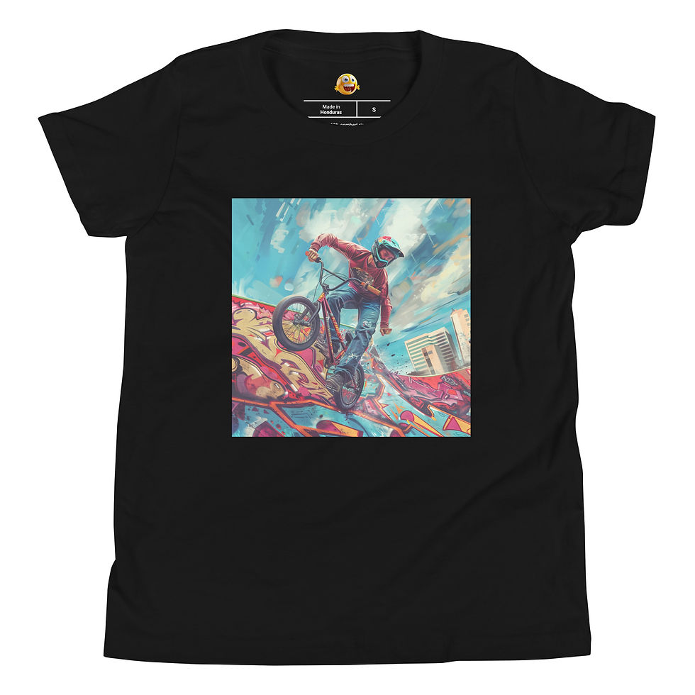 Graffiti Ramp BMX: black youth short-sleeve T-shirt with a BMX rider on a colourful graffiti ramp