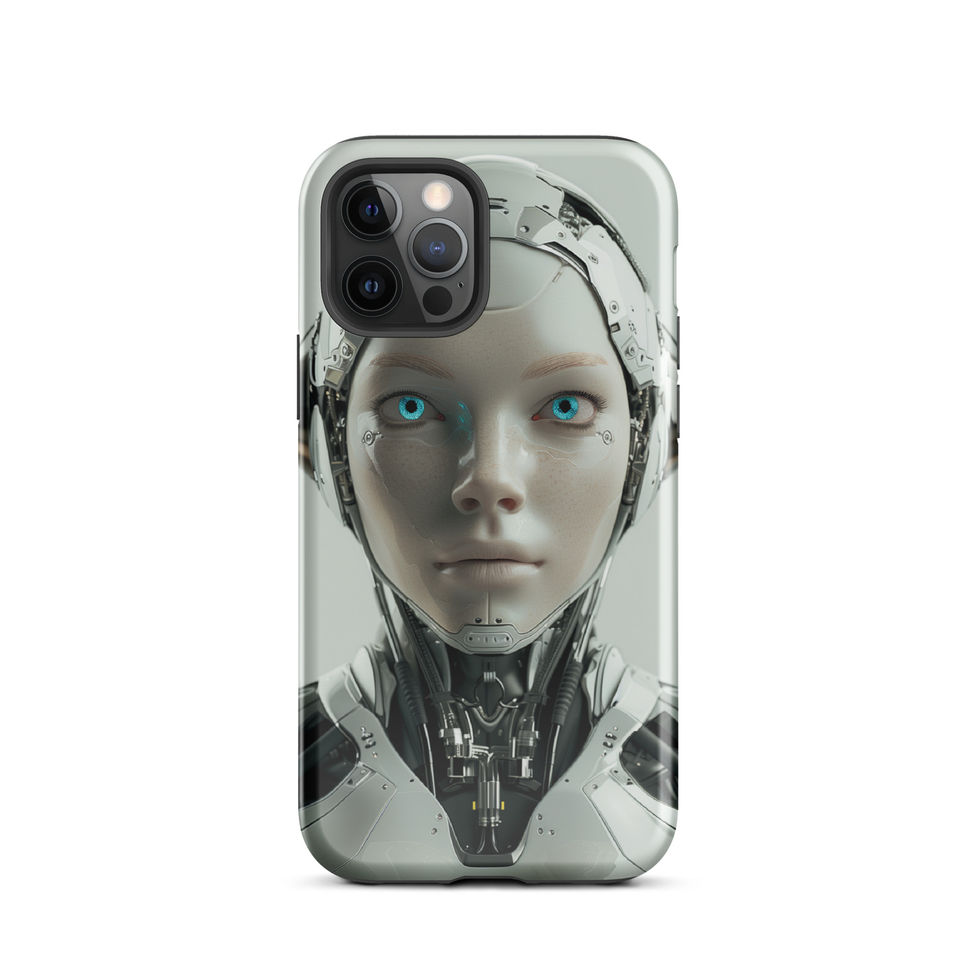 Calm humanoid android with dark neck engineering; front product view on an iPhone® Tough Case.