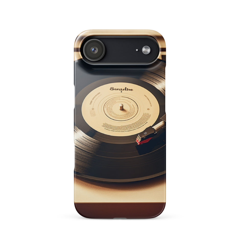 Golden Grooves slim iPhone Snap Case dark flat lay emphasising the golden vinyl motif, image 25.
