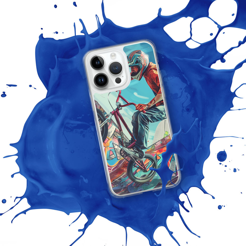 Urban Freestyle Clear case for iPhone 14 Pro Max, BMX rider and colourful graffiti, blue paint splash background
