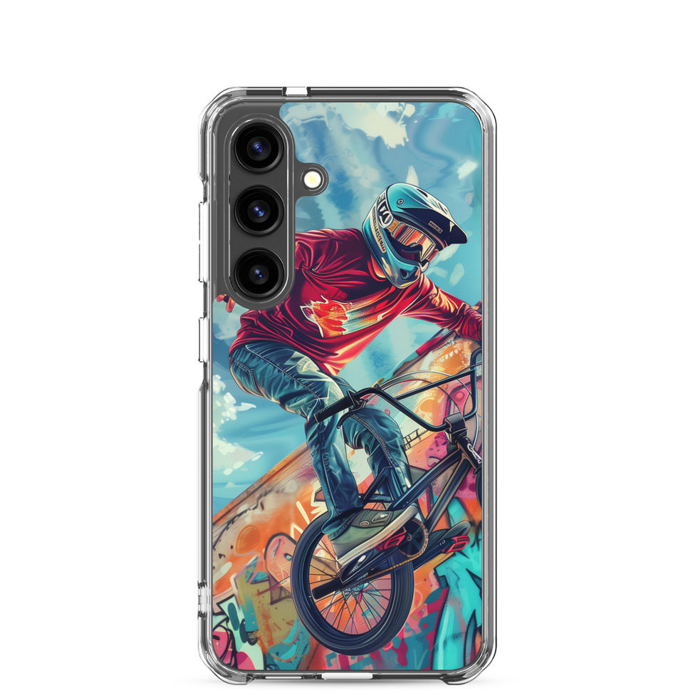 Graffiti Ride Clear case for Galaxy S24, red-top BMX rider and vivid graffiti, phone beside case on white