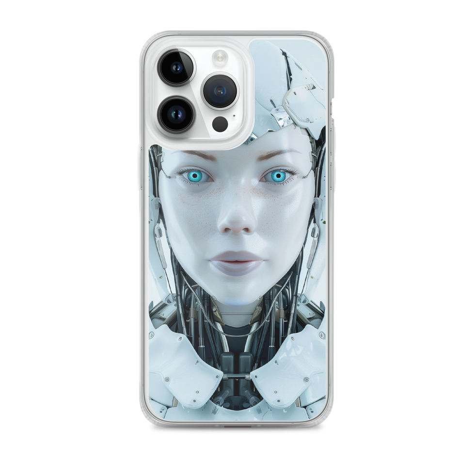 White silver robot face artwork on a slim clear iPhone cover – front product view