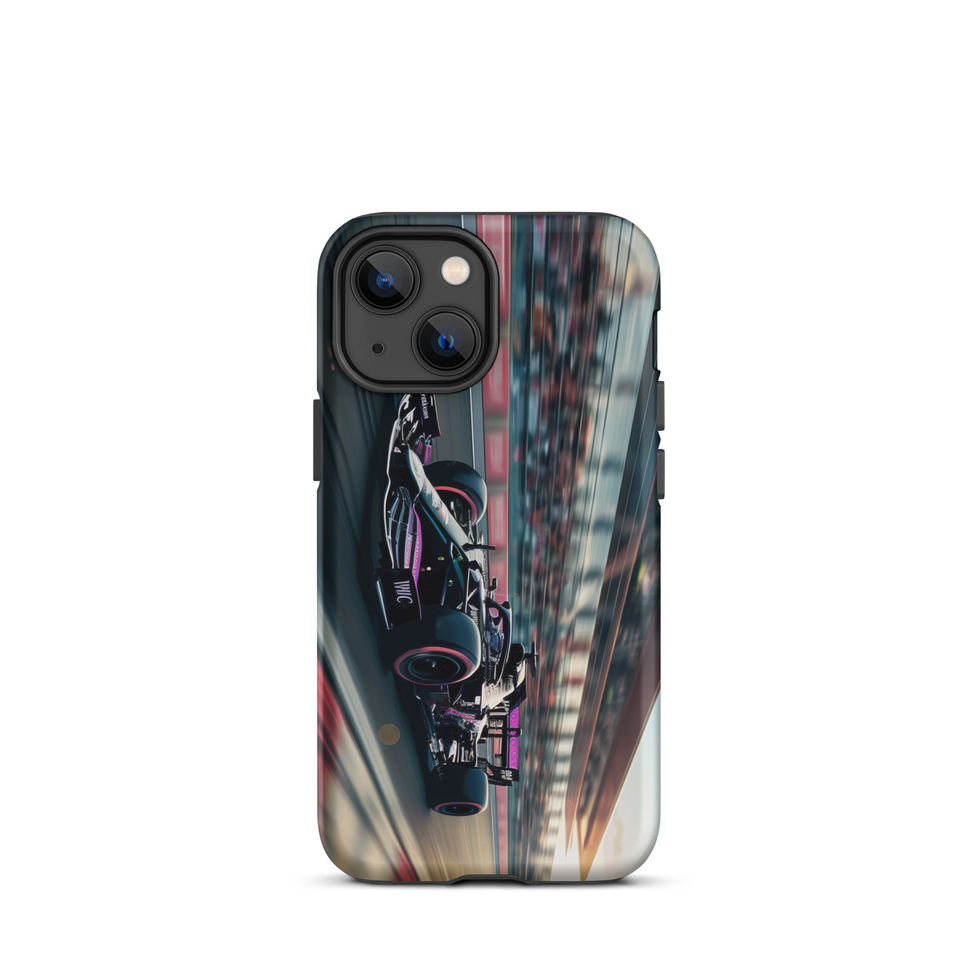 Black n Purple Power Tough case for iPhone 13 mini, black and purple race car artwork, rear view on white