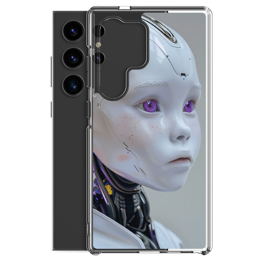Violet-eyed cybernetic woman on transparent Samsung Galaxy S25 Ultra phone cover, angled product view